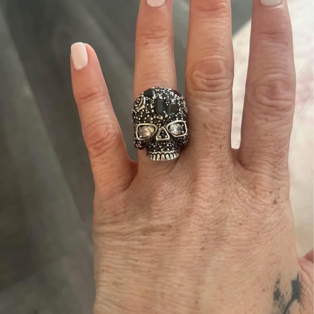 Silver Skull Ring with Black Accents
